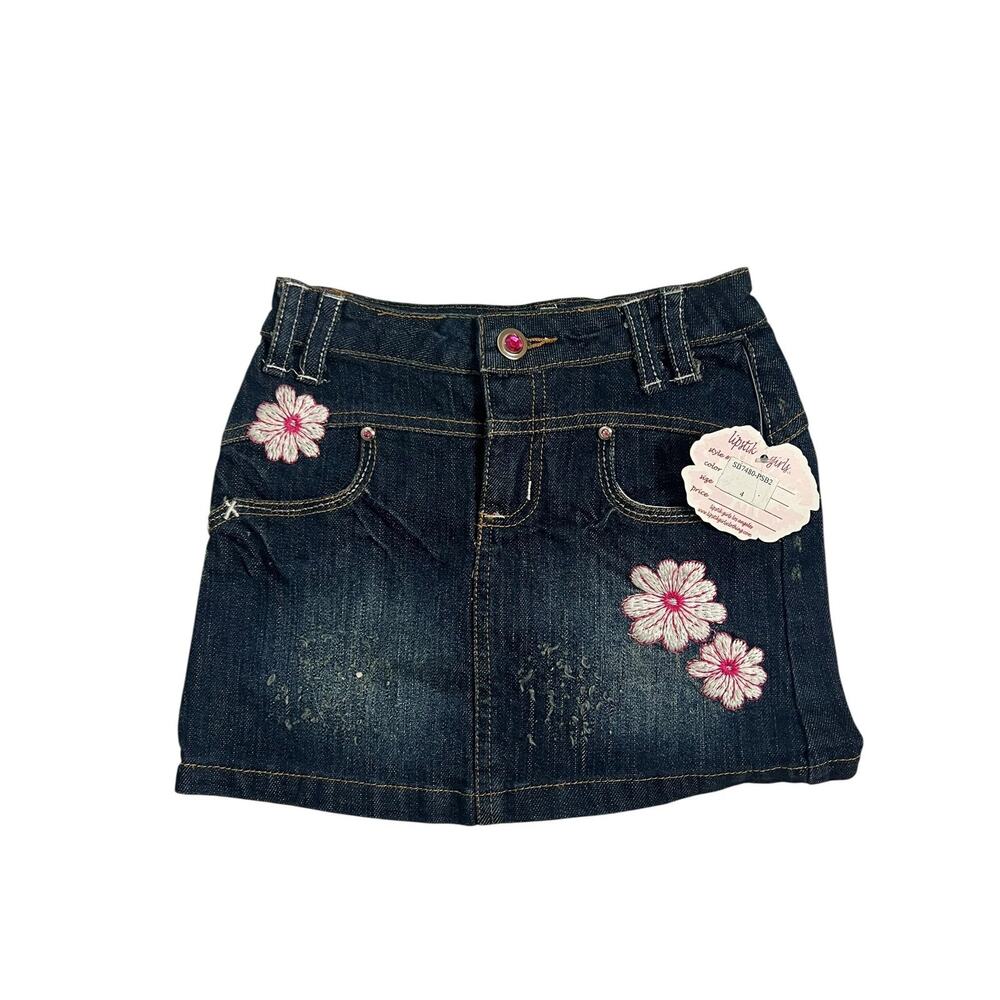 Lipstik Girls Denim Skirt Girls 4 Blue Embroidered Floral Mini New With Tags NWT - Picture 7 of 9